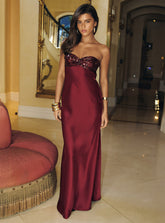 See The Vision Sequin Bust Strapless Maxi Dress Burgundy