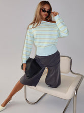 Zinia Off Shoulder Knit Sweater Grey / Blue Stripe