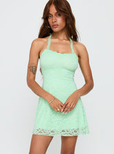 Front Page Halter Lace Mini Dress Aqua