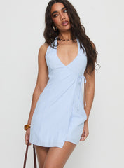 Kaiah Ruched Halter Mini Dress Blue Stripe