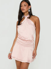 Sparkler Arrowneck Ruched Satin Mini Dress Pink