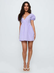 Chavelle Puff Sleeve Mini Dress Purple Check