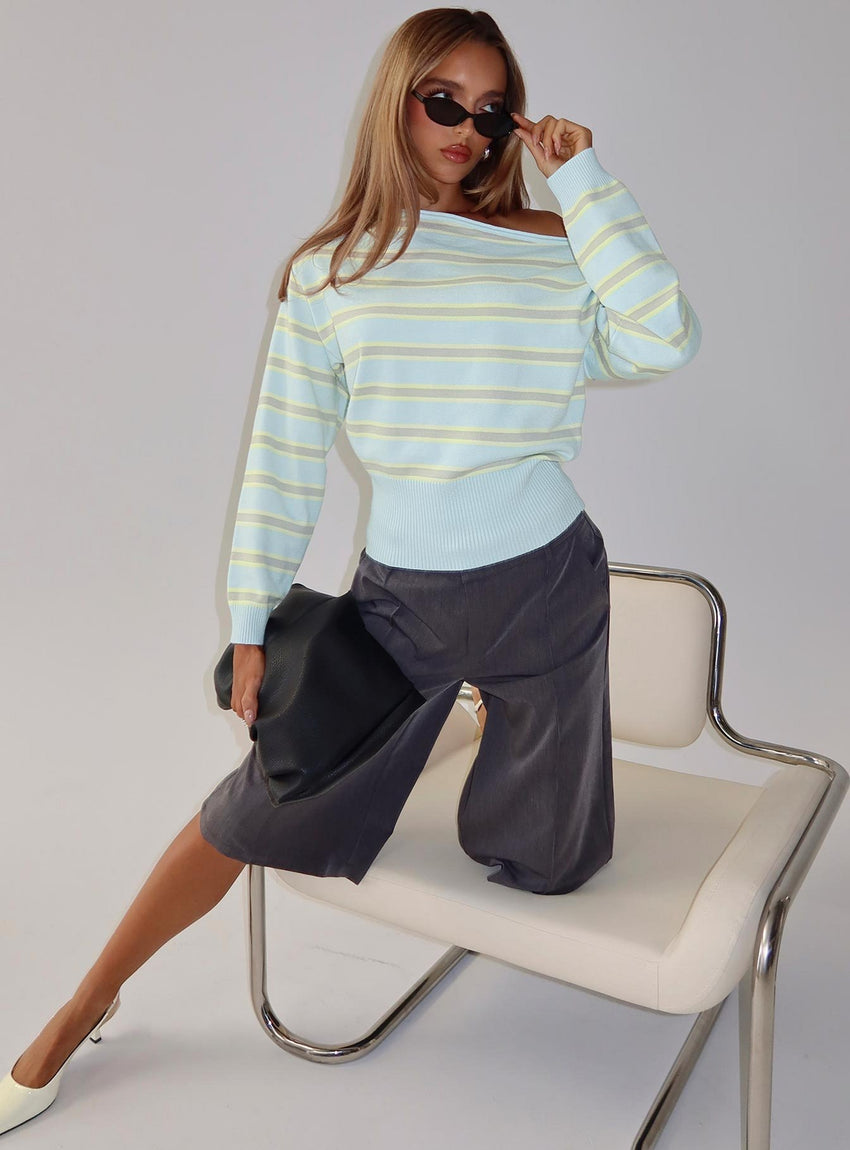 Zinia Off Shoulder Knit Sweater Grey / Blue Stripe